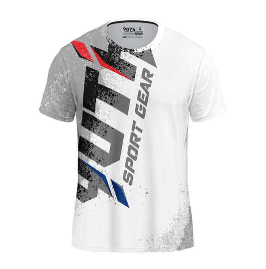 Fightworld_boxing_gloves_Thailand_Muay_Thai_Equipment_Thailand_Boxing_K-Energy_Shin_guards_Fighters_MMA_Yuth white t-shirt, front black, blue, and red logo
