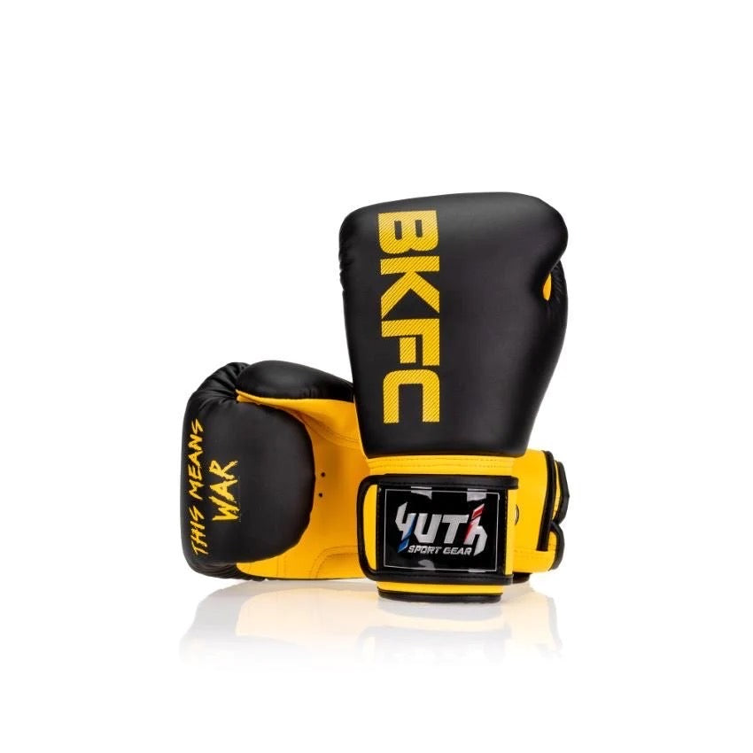 A collection of boxing and Muay Thai equipment including gloves, punching bag, and hand wrap made in Thailand, top bands such as Fightworld, Yuth, Danger, WBC, BKFC, Shinguards, Muay Thai, MMA Shorts and Equipments.