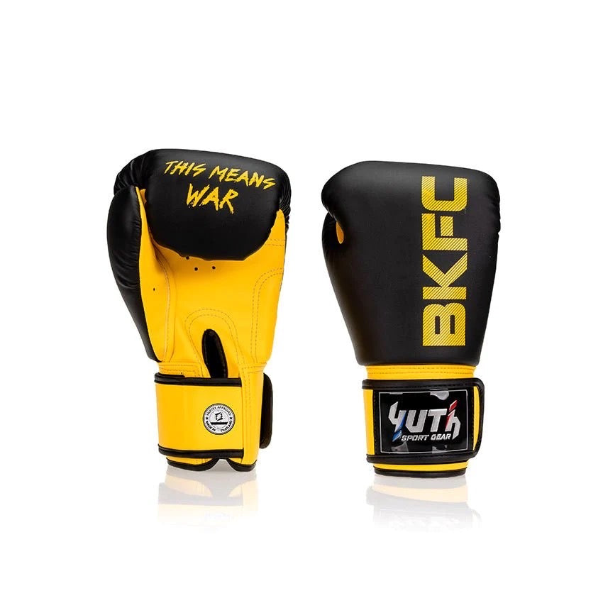 A collection of boxing and Muay Thai equipment including gloves, punching bag, and hand wrap made in Thailand, top bands such as Fightworld, Yuth, Danger, WBC, BKFC, Shinguards, Muay Thai, MMA Shorts and Equipments.